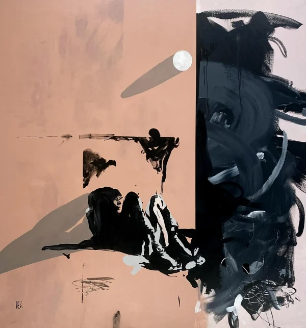 Oversized urban abstract canvas Alone Time by PEZ displayed as a statement piece in a luxury commercial lobby or corporate boardroom.