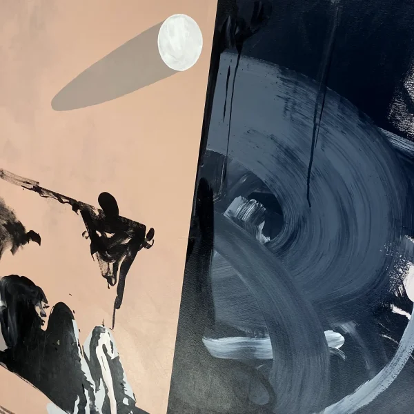 Oversized urban abstract canvas detail of 'Alone Time' by PEZ displayed as a statement piece in a luxury commercial lobby or corporate boardroom.
