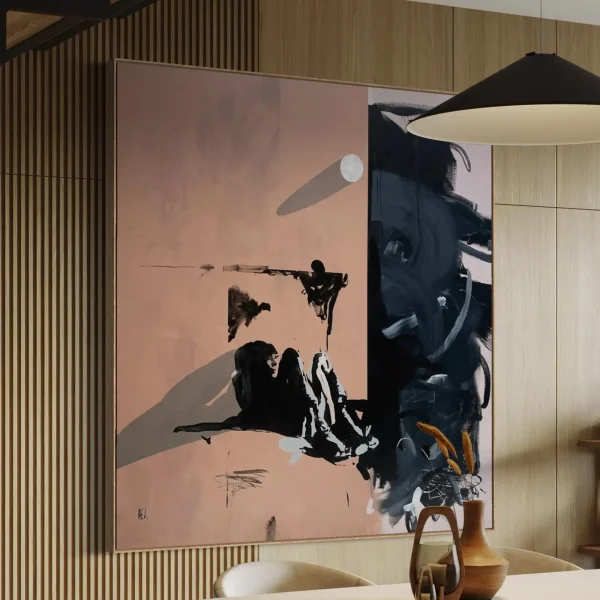 Large contemporary figurative abstract painting titled Alone Time by PEZ, styled on a neutral wall in a modern open-plan home interior.