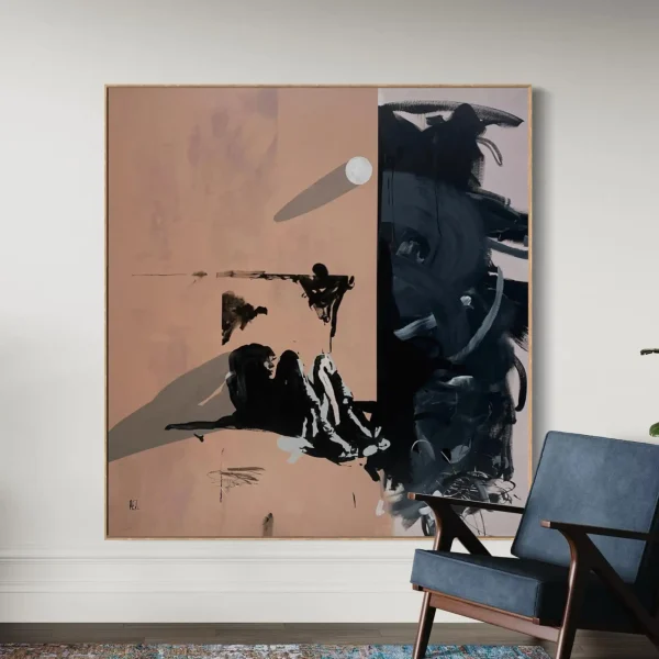 Oversized urban abstract canvas Alone Time by PEZ displayed as a statement piece in a luxury commercial lobby or corporate boardroom.