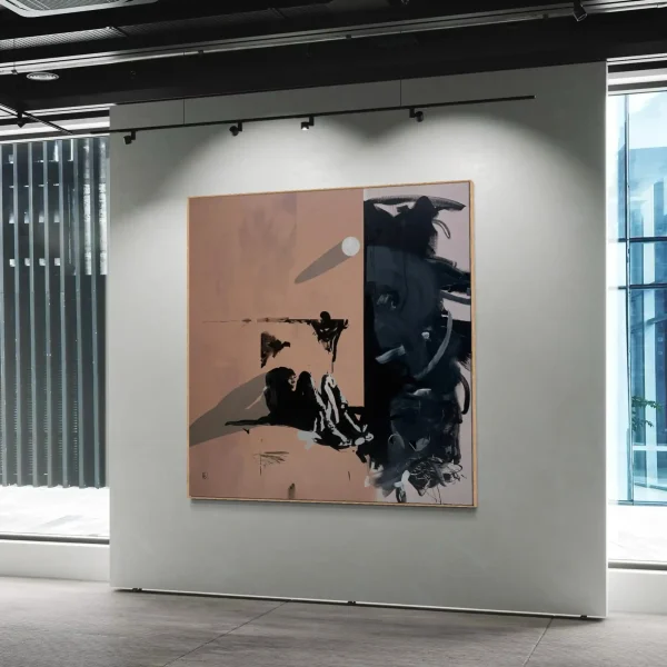 Oversized urban abstract canvas Alone Time by PEZ displayed as a statement piece in a luxury commercial lobby or corporate boardroom.