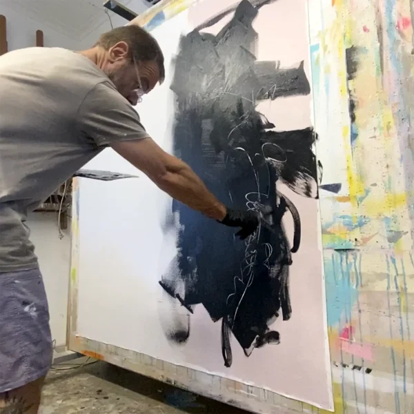 Large contemporary figurative abstract painting titled Alone Time by PEZ, in the studio.