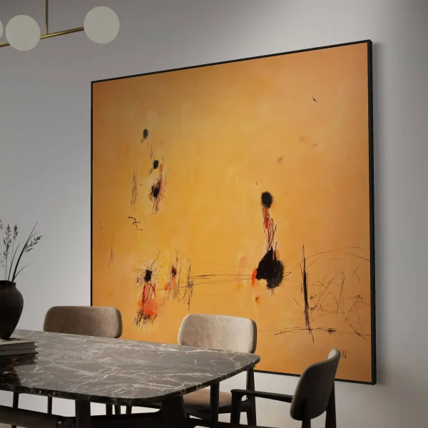 The Chatter Box abstract statement piece displayed on a wall in a modern dining room setting.