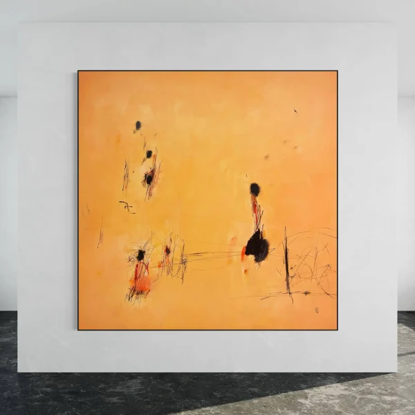 Frontal view in a luxury home of the Chatter Box contemporary abstract artwork, highlighting the glare-free semi-gloss finish.