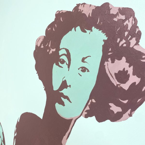 Sharp graphic line work and retro mid-century art textures on Visitor painting
