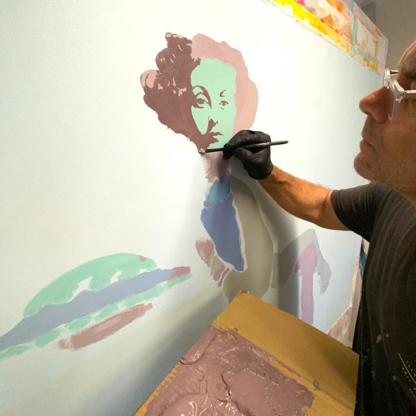 Sharp graphic line work and retro mid-century art textures on Visitor painting