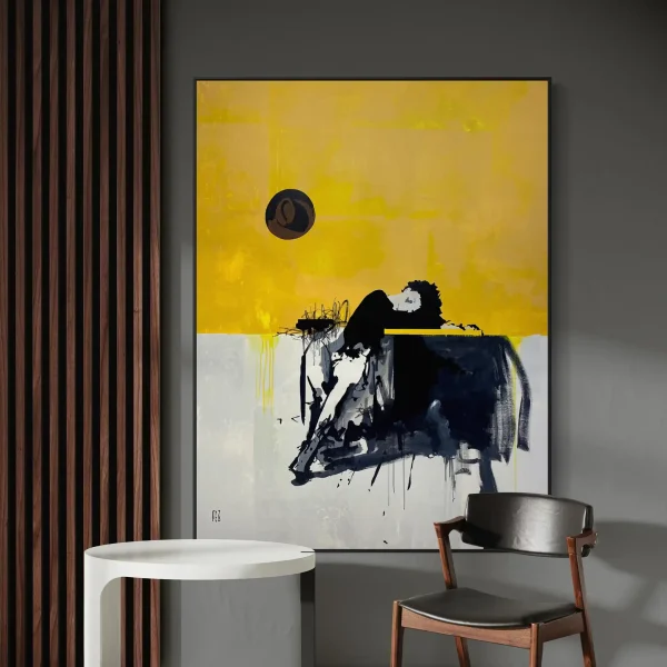 High-end interior design styling featuring PEZ Art figurative abstract painting above a designer chair.