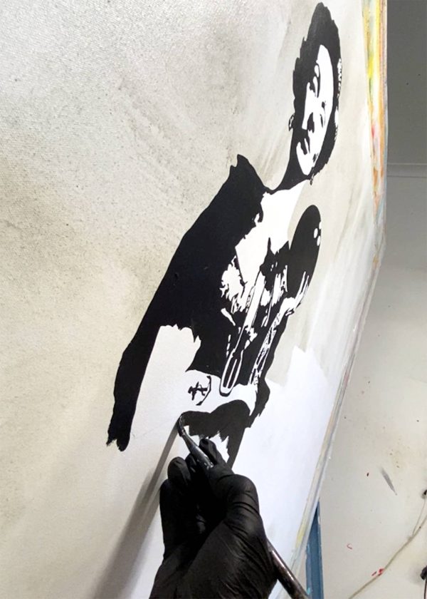 Meticulous hand painted semi gloss monochrome textures and graphic lines on Strike a Pose original artwork