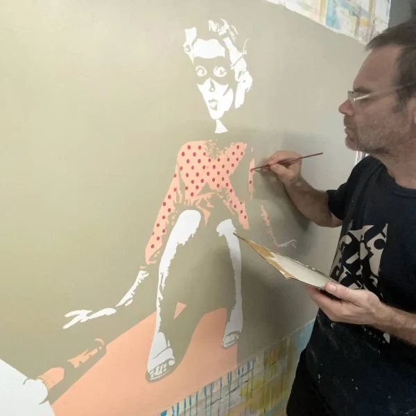 Subversive 1950s style noir pop art painting styled as a bold statement feature in a contemporary home... in the studio.