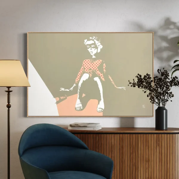 Subversive 1950s style noir pop art painting styled as a bold statement feature in a contemporary home.