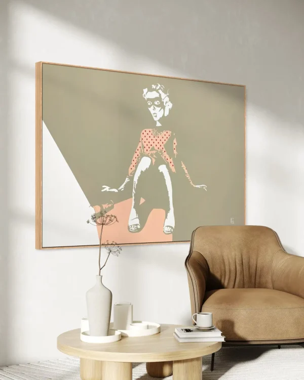Subversive 1950s style noir pop art painting styled as a bold statement feature in a contemporary home.
