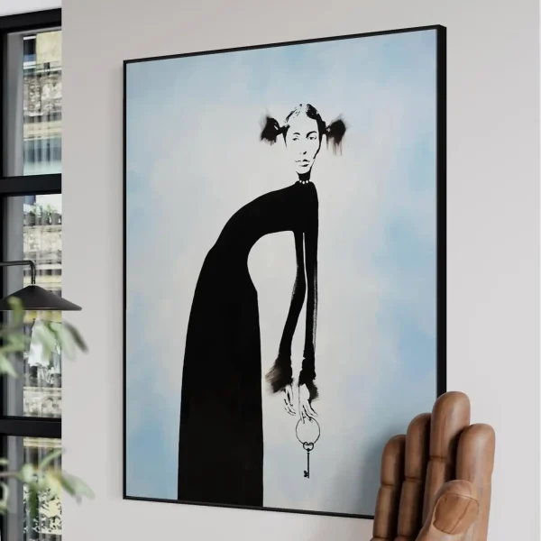 Large-scale abstract figurative painting Custodian by PEZ styled as a statement modern art piece over a living room sofa.
