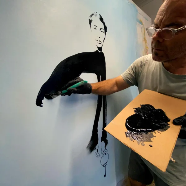 Custodian original figurative abstract painting by Australian artist PEZ, featuring a multi-layered textured acrylic composition.