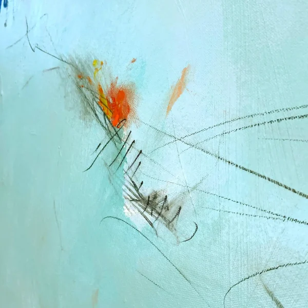 Close up of fine ink markings and energetic orange paint strokes on a premium abstract canvas by Australian artist PEZ.