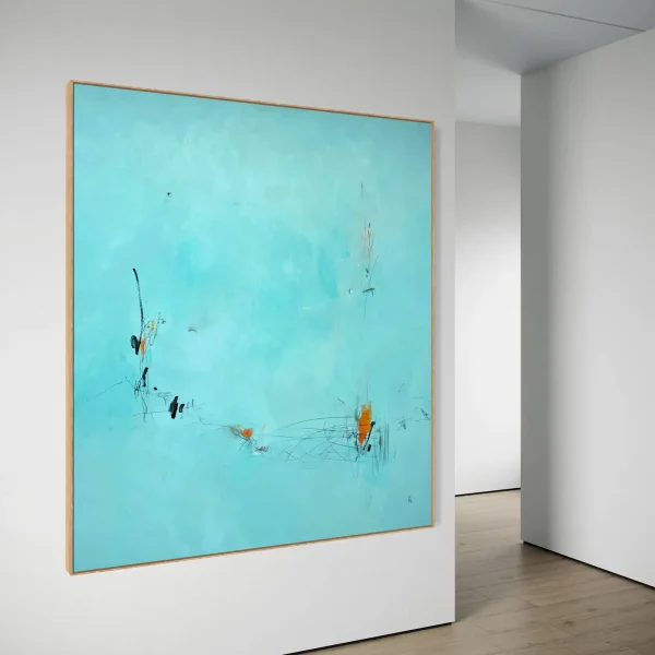 Minimalist turquoise abstract canvas art with fine pencil and ink linework for luxury architectural wall spaces.