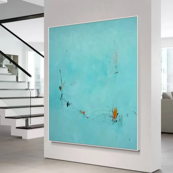 Minimalist turquoise abstract canvas art with fine pencil and ink linework for luxury architectural wall spaces.