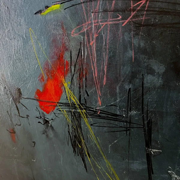 Detailed close-up of Isolated Incident abstract painting showing the thick texture of acrylic paint, ink work, and graphic mid-century street art lines by PEZ.