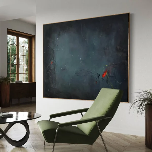 Original contemporary pop art painting Isolated Incident by PEZ styled as a large oversized feature canvas over a couch in a luxury mid-century modern living room.