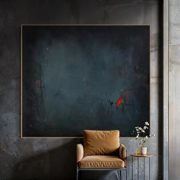 Original contemporary pop art painting Isolated Incident by PEZ styled as a large oversized feature canvas over a couch in a luxury mid-century modern living room.