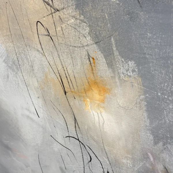 Close-up detail of "Nostalgia" abstract painting by Pez Art Australia, highlighting the delicate, scratched linear details, tangled black ink marks, and luminous focal points breaking through a stormy gray background.
