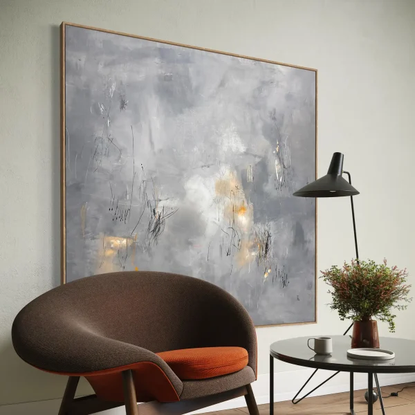 Original oversized abstract wall decor in neutral gray, white, and ochre yellow tones. "Nostalgia" by Pez is a meaningful statement piece designed to bring warmth and sophisticated texture to a living room, dining area, or entryway.