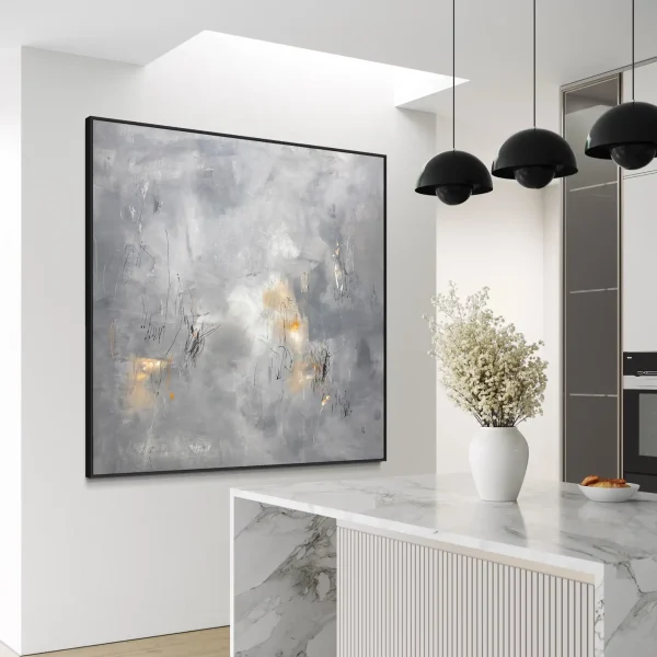 Original oversized abstract wall decor in neutral gray, white, and ochre yellow tones. "Nostalgia" by Pez is a meaningful statement piece designed to bring warmth and sophisticated texture to a living room, dining area, or entryway.