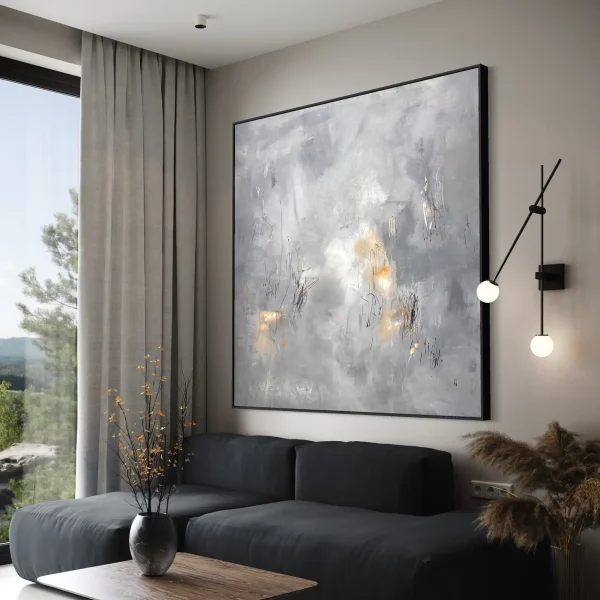 Contemporary fine art canvas titled "Nostalgia" by Pez via pezart.com.au, featuring atmospheric gray layers representing the fog of time, broken by vibrant orange drops and expressive, chaotic line work.