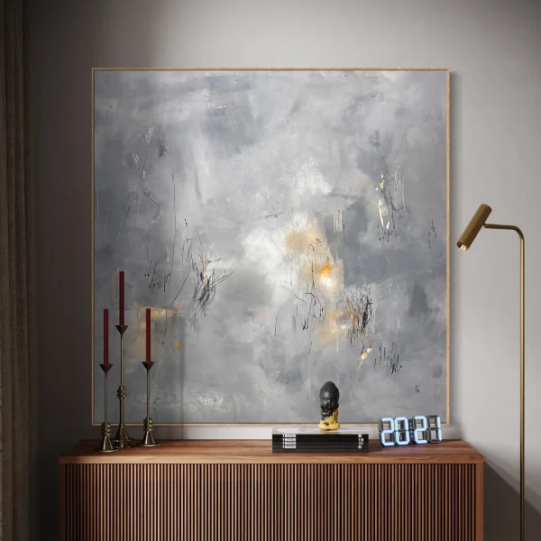 Contemporary fine art canvas titled "Nostalgia" by Pez via pezart.com.au, featuring atmospheric gray layers representing the fog of time, broken by vibrant orange drops and expressive, chaotic line work.