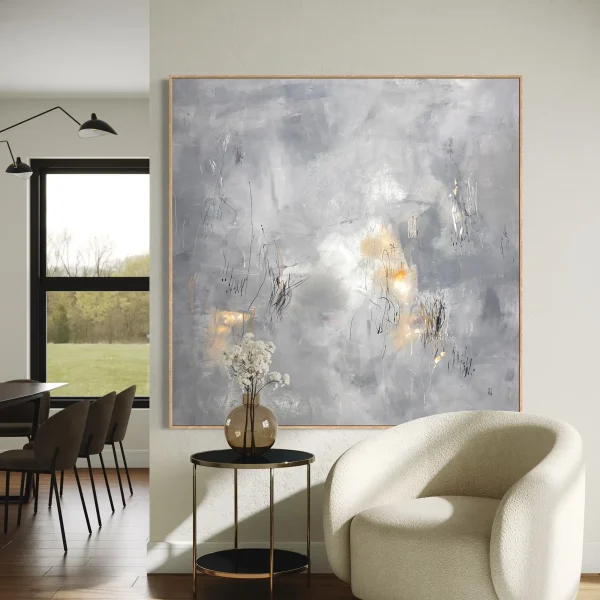 Large modern abstract expressionist painting "Nostalgia" by Australian artist Pez, showcasing a minimalist textured gray color palette with sub-surface gold glows, perfect for luxury residential staging or corporate interior architecture projects.