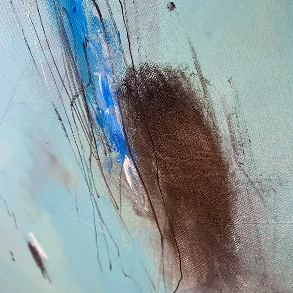 Close-up of mixed media textures on canvas showcasing fine black line work and charcoal smudges against a mist-like light blue backdrop.