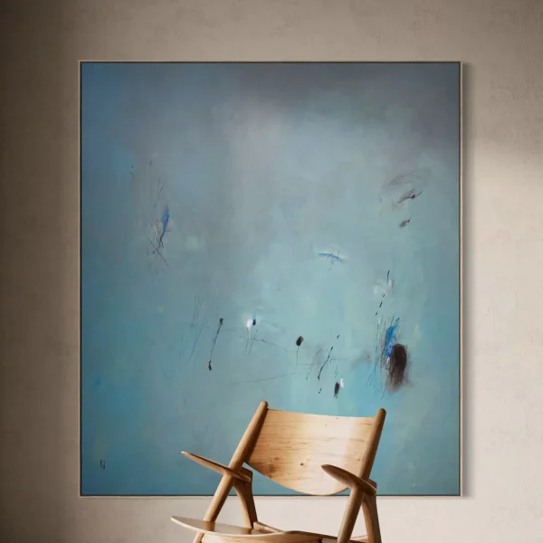 Minimalist abstract painting titled Residual by PEZ featuring atmospheric blue and gray background with delicate black lines and cobalt blue accents.
