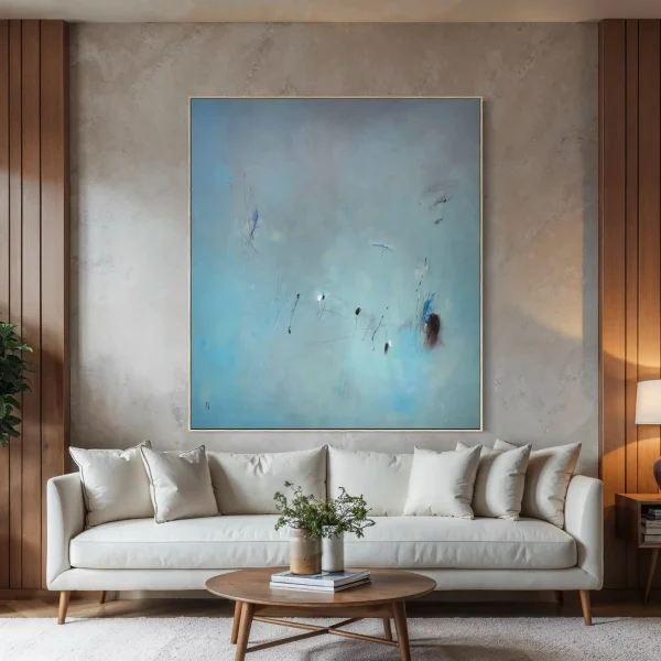Minimalist abstract painting titled Residual by PEZ featuring atmospheric blue and gray background with delicate black lines and cobalt blue accents.