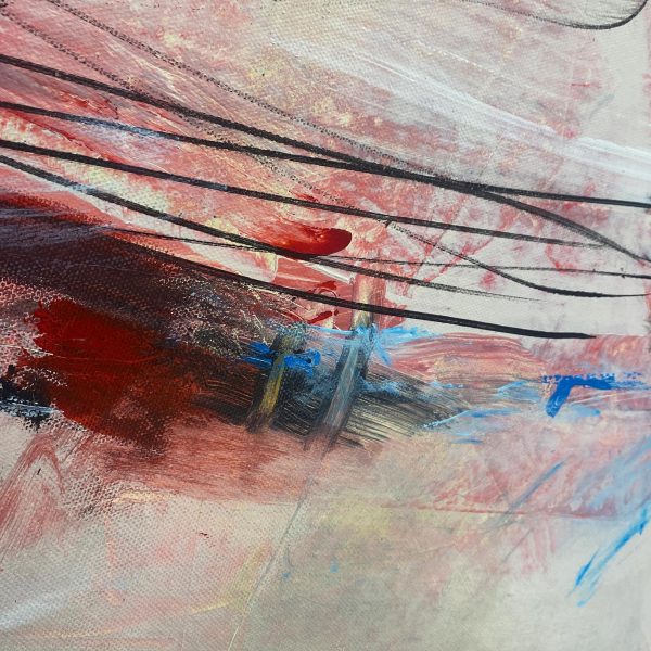 Close-up texture detail of Soft Target original abstract painting showing fine layers of plaster-like paint, scratch-like charcoal lines, and vibrant red ink highlights.