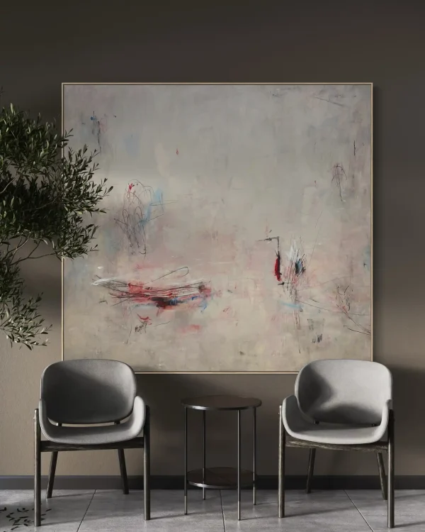 Minimalist mixed-media abstract canvas painting titled Soft Target by Australian artist PEZ, featuring quiet cream textures, soft pink washes, and sharp dark gestural markings.