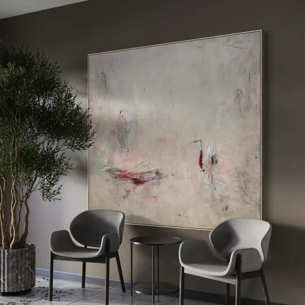 Angled view of a large premium canvas artwork by PEZ Art enclosed in a custom natural timber floating frame for high-end residential and corporate interior design projects.