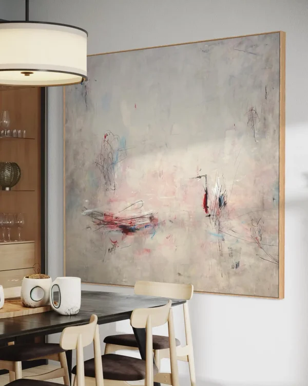 Minimalist mixed-media abstract canvas painting titled Soft Target by Australian artist PEZ, featuring quiet cream textures, soft pink washes, and sharp dark gestural markings.