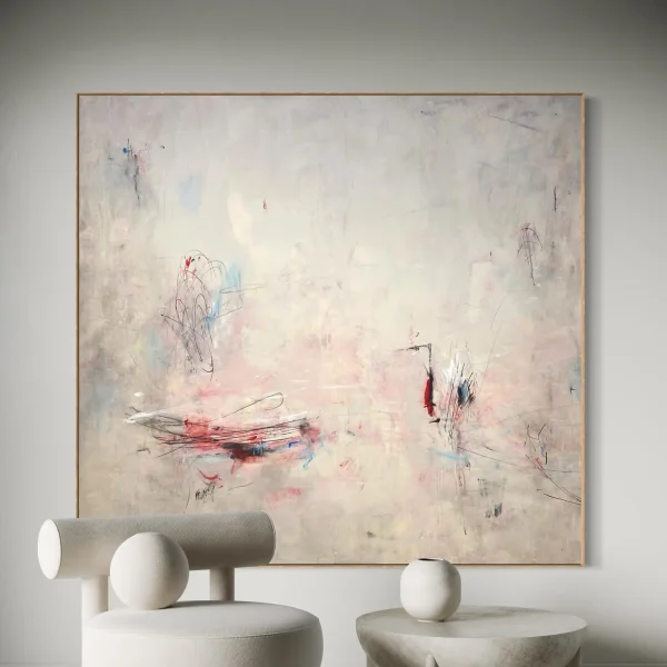 Minimalist mixed-media abstract canvas painting titled Soft Target by Australian artist PEZ, featuring quiet cream textures, soft pink washes, and sharp dark gestural markings.