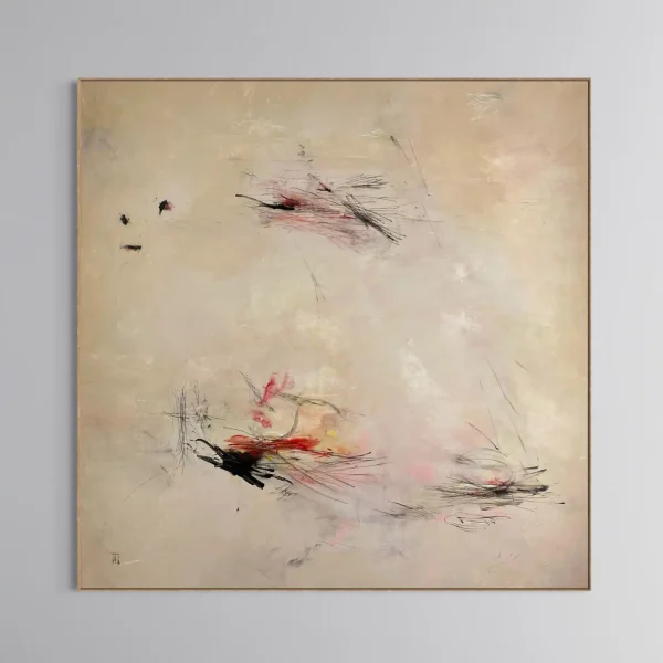 Whisper Campaign original abstract painting by PEZ ART featuring striking crimson and charcoal kinetic line work on a luxury textured cream canvas backdrop.
