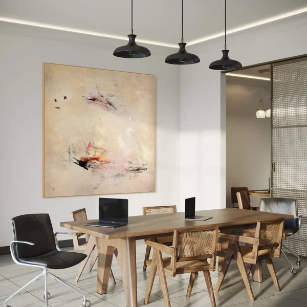 Whisper Campaign original abstract painting by PEZ ART in an office / work environment featuring striking crimson and charcoal kinetic line work on a luxury textured cream canvas backdrop.