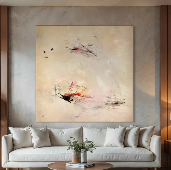 Whisper Campaign original abstract painting by PEZ ART featuring striking crimson and charcoal kinetic line work on a luxury textured cream canvas backdrop.