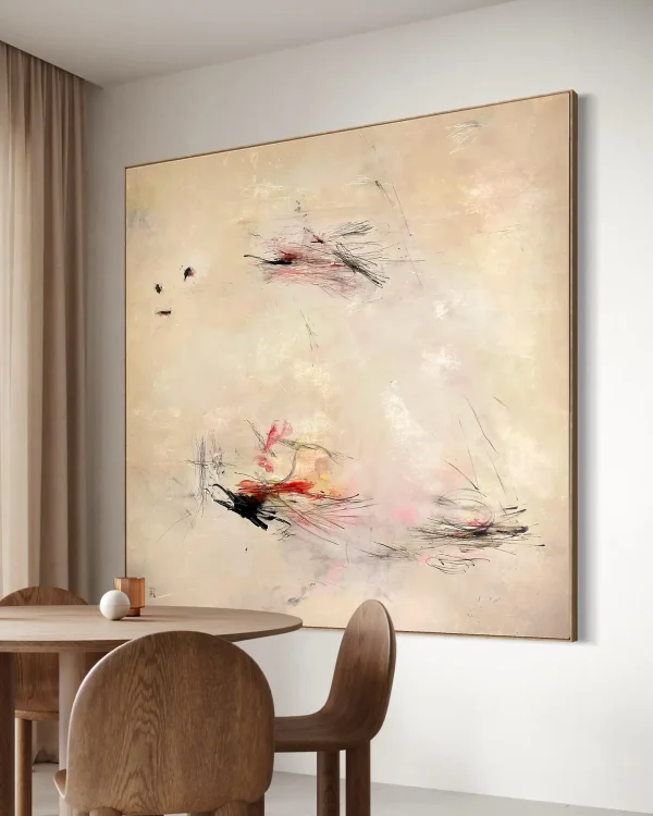 Whisper Campaign original abstract painting by PEZ ART featuring striking crimson and charcoal kinetic line work on a luxury textured cream canvas backdrop.