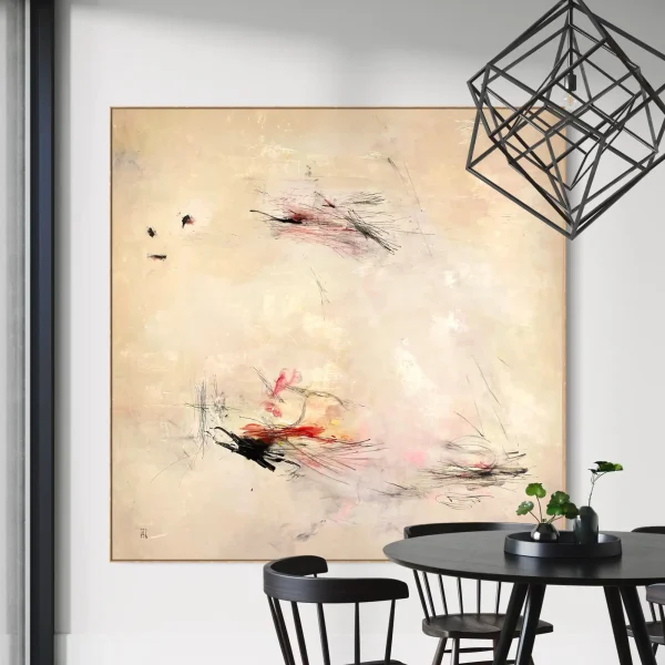 Whisper Campaign original abstract painting by PEZ ART in an office / work environment featuring striking crimson and charcoal kinetic line work on a luxury textured cream canvas backdrop.