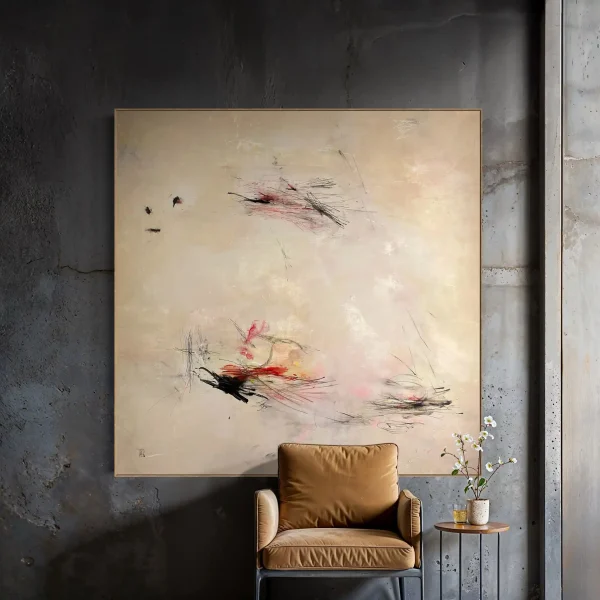 Luxury living room interior featuring the contemporary abstract painting Whisper Campaign by PEZ ART styled above a modern minimalist sofa.