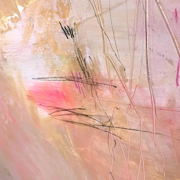 Close-up of contemporary abstract art showing intricate black pencil and ink scribbles over a pastel pink canvas.