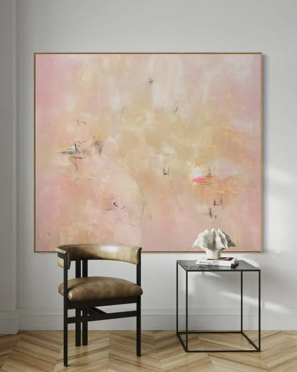 Minimalist abstract painting titled Handy Man by Pezart featuring a vast atmospheric background with soft washes of blush pink, warm cream, and muted ochre.
