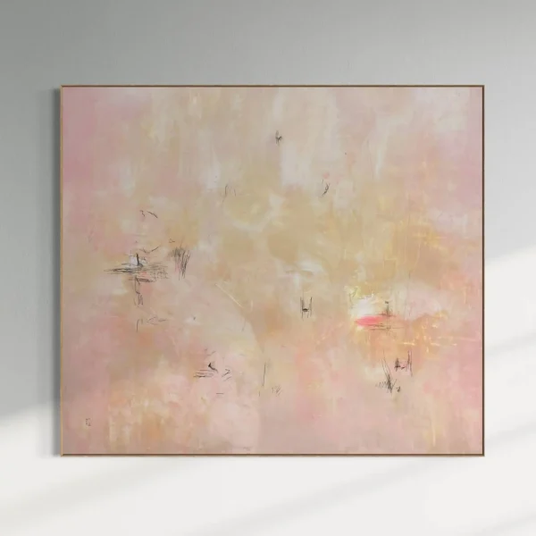Minimalist abstract painting titled Handy Man by Pezart featuring a vast atmospheric background with soft washes of blush pink, warm cream, and muted ochre.