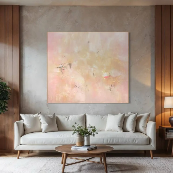 Minimalist abstract painting titled Handy Man by Pezart featuring a vast atmospheric background with soft washes of blush pink, warm cream, and muted ochre.